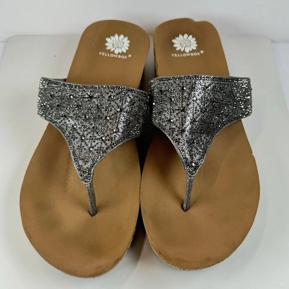 Yellow Box Crystal Wedge Sandals Sz 7 Silver Glitter Rhinestone‎ Flip Flops - Picture 2 of 16